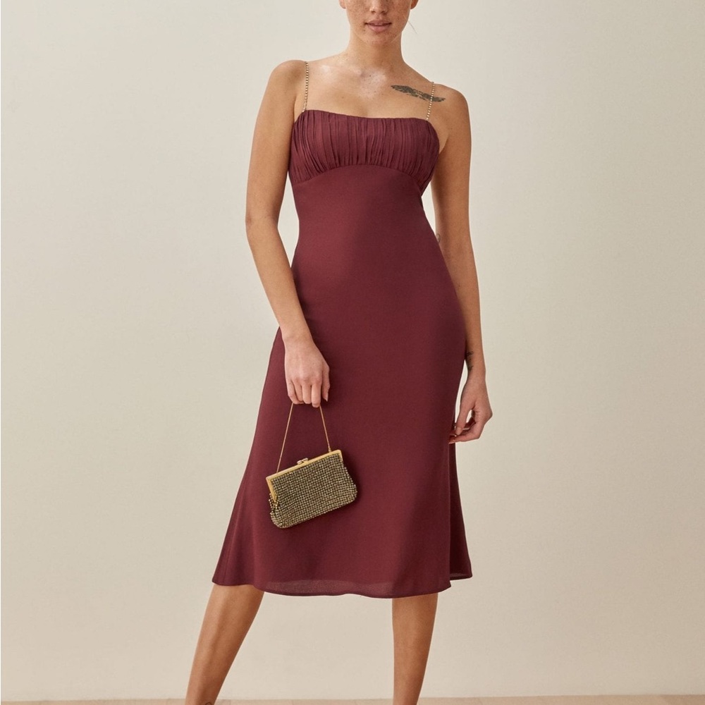 Reformation “Gray” burgundy midi dress with crystal straps